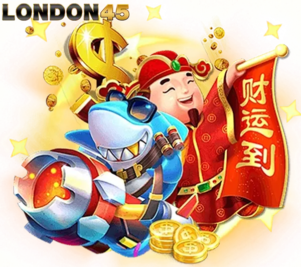 LONDON45 เทพเจ้าโชคลาภชี้นำความรวย ฉลามเงิน เหรียญทองลอย พื้นหลังทอง โปรโมตเว็บทำเงิน
